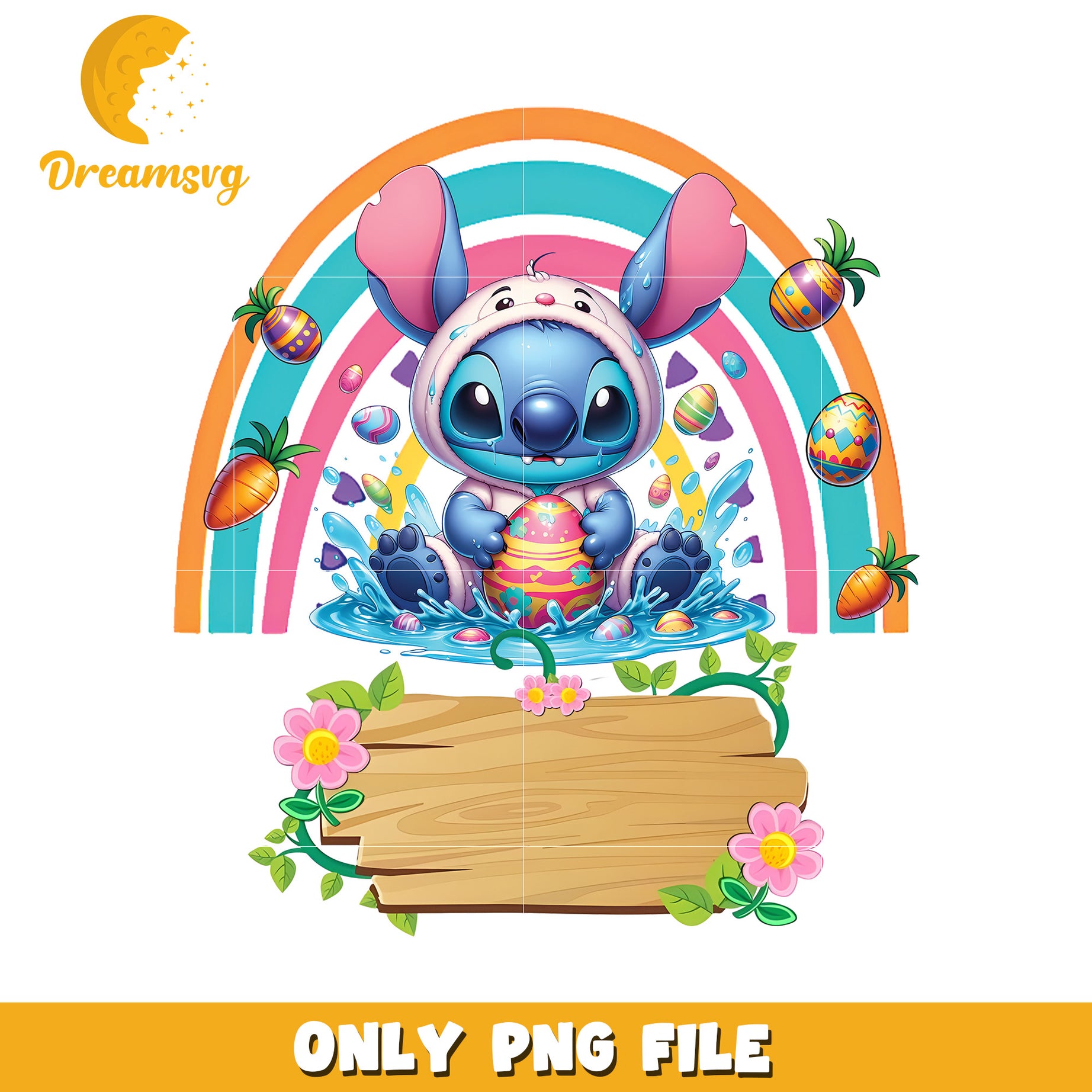 Cute Easter Themed Character with Rainbow and Eggs PNG