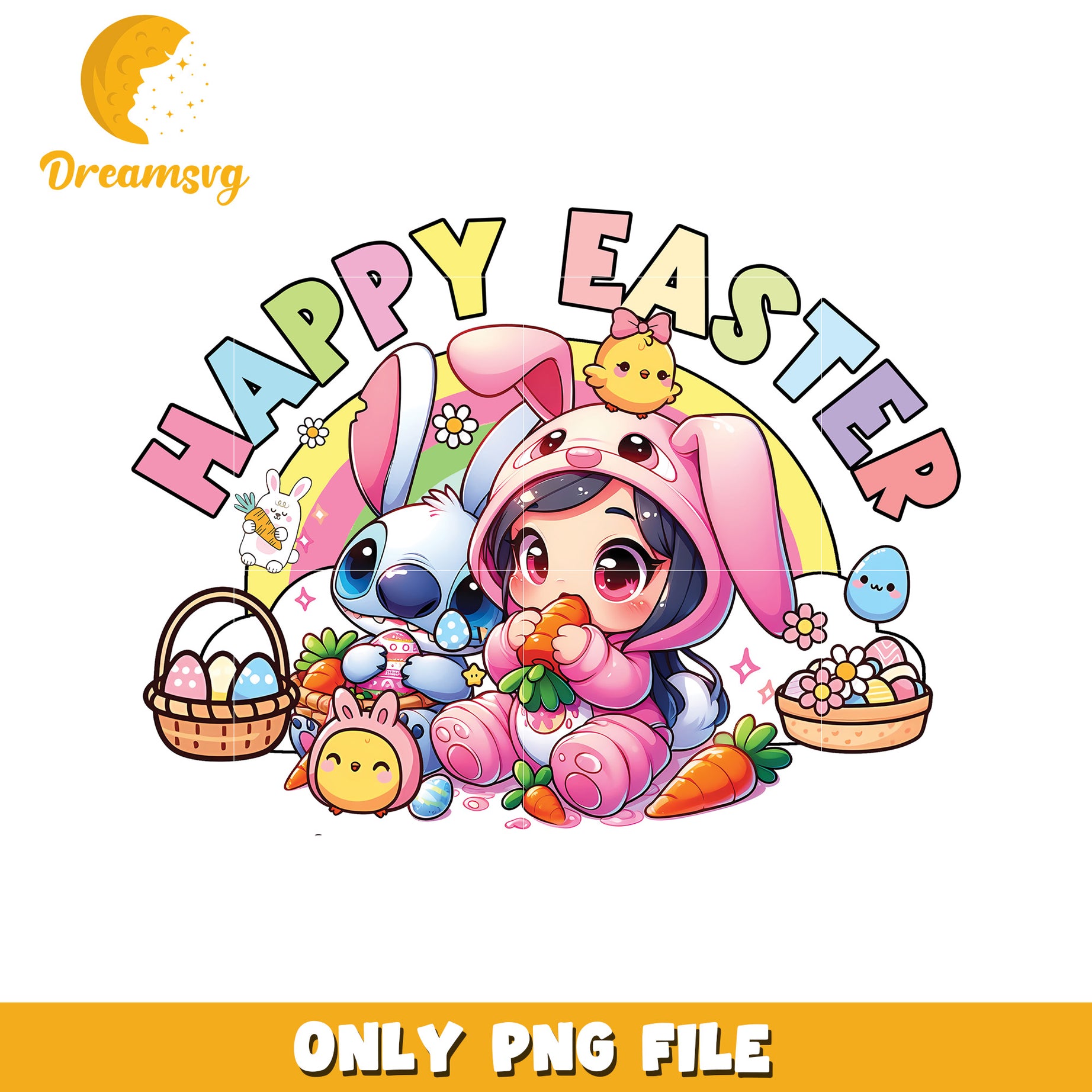 Cute Happy Easter PNG with Adorable Bunny and Eggs