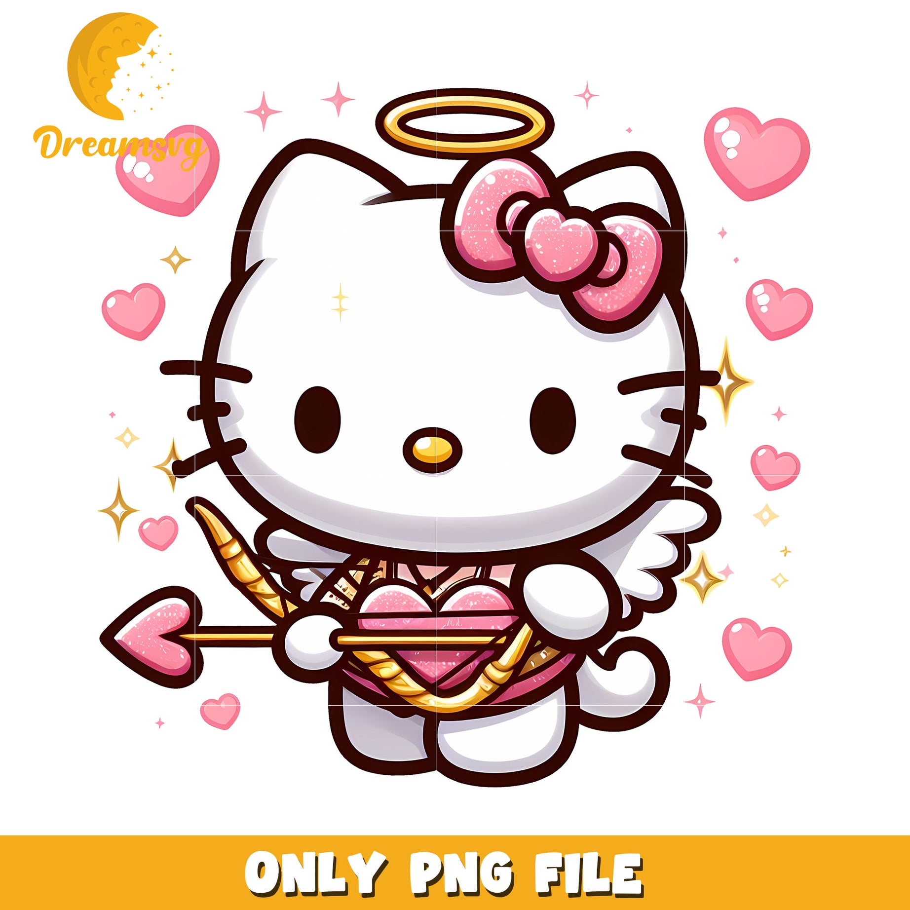 Cute Hello Kitty Angel PNG File with Hearts and Sparkles Design