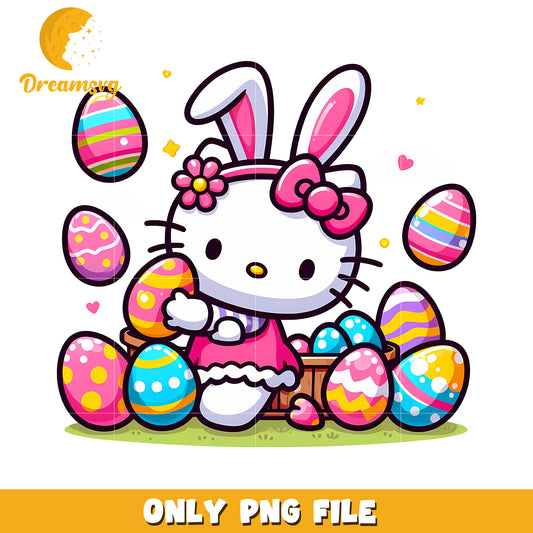 Cute Hello Kitty Bunny with Colorful Easter Eggs PNG File