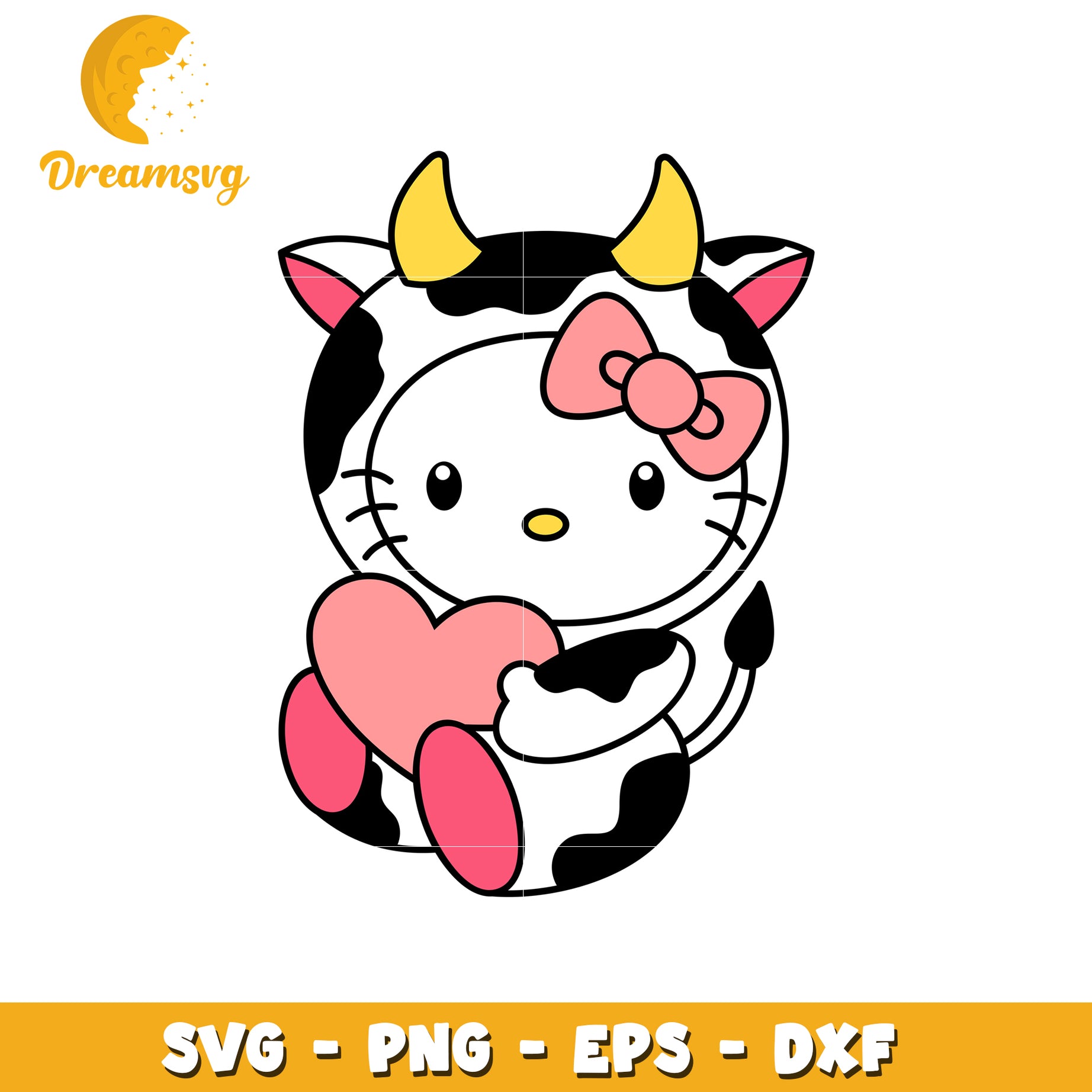 Cute Hello Kitty Cow Holding Heart SVG Clipart Design File