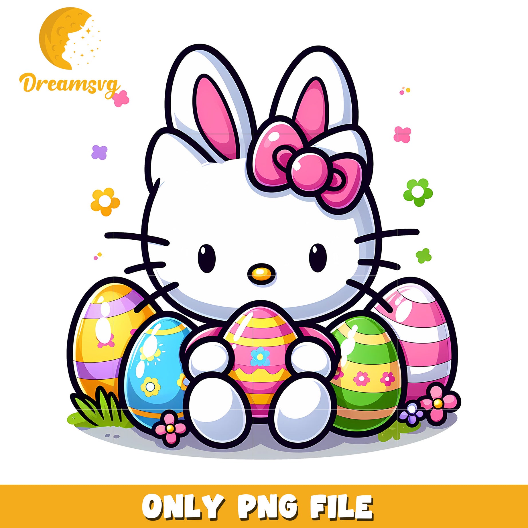 Cute Hello Kitty Easter Bunny with Colorful Eggs PNG File