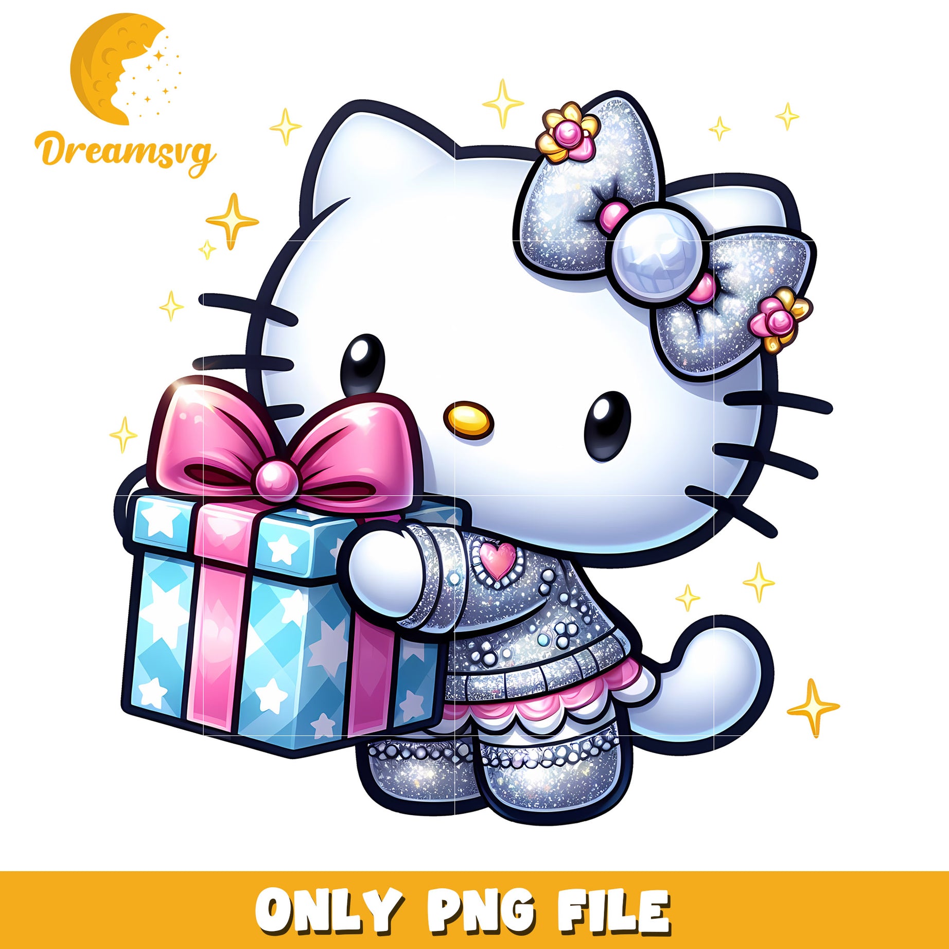 Cute Hello Kitty PNG File with Gift and Sparkles for Kids