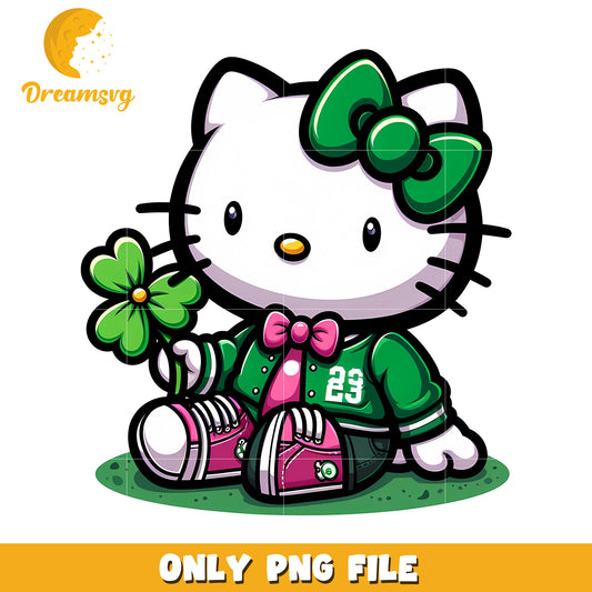Cute Hello Kitty PNG File with Green Bow and Clover Design