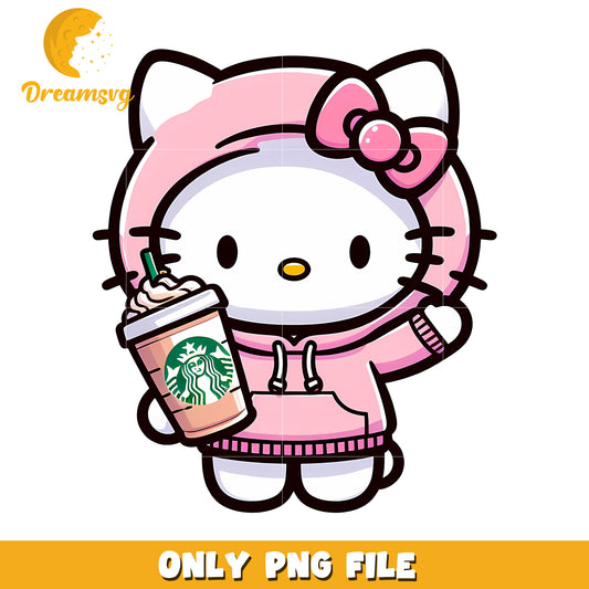 Cute Hello Kitty PNG File with Starbucks Drink in Hoodie Design