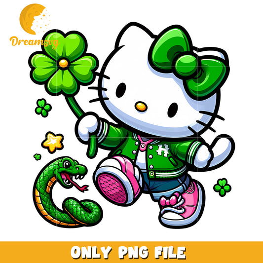 Cute Hello Kitty PNG with Green Bow and Lucky Clover Design