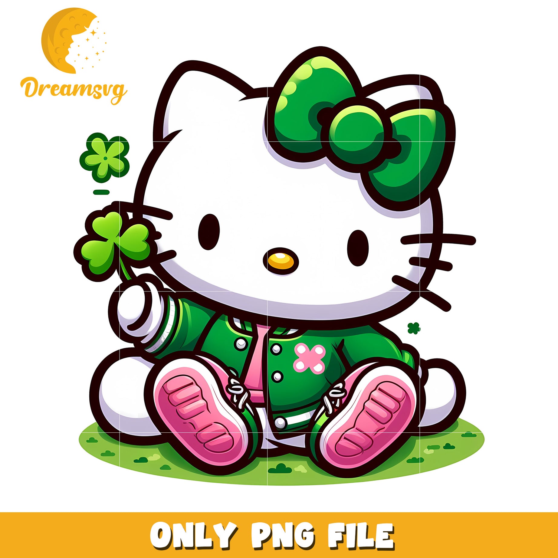 Cute Hello Kitty PNG with Green Bow and Shamrock Design