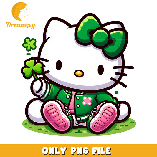 Cute Hello Kitty PNG with Green Bow and Shamrock Design