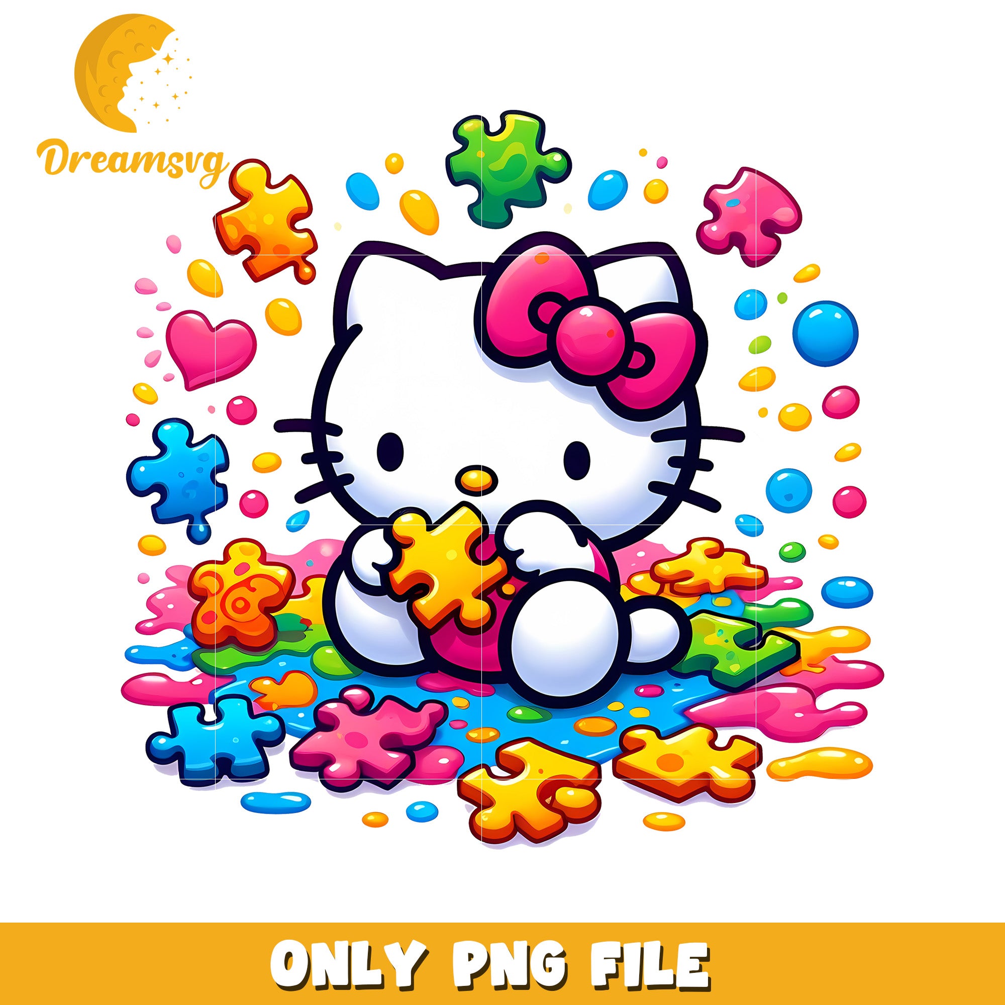 Cute Hello Kitty Playing with Colorful Puzzle Pieces PNG