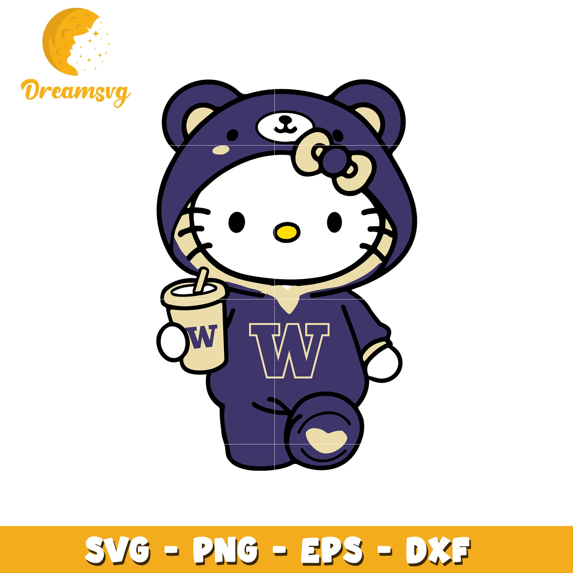 Cute Hello Kitty SVG Design in Purple Outfit