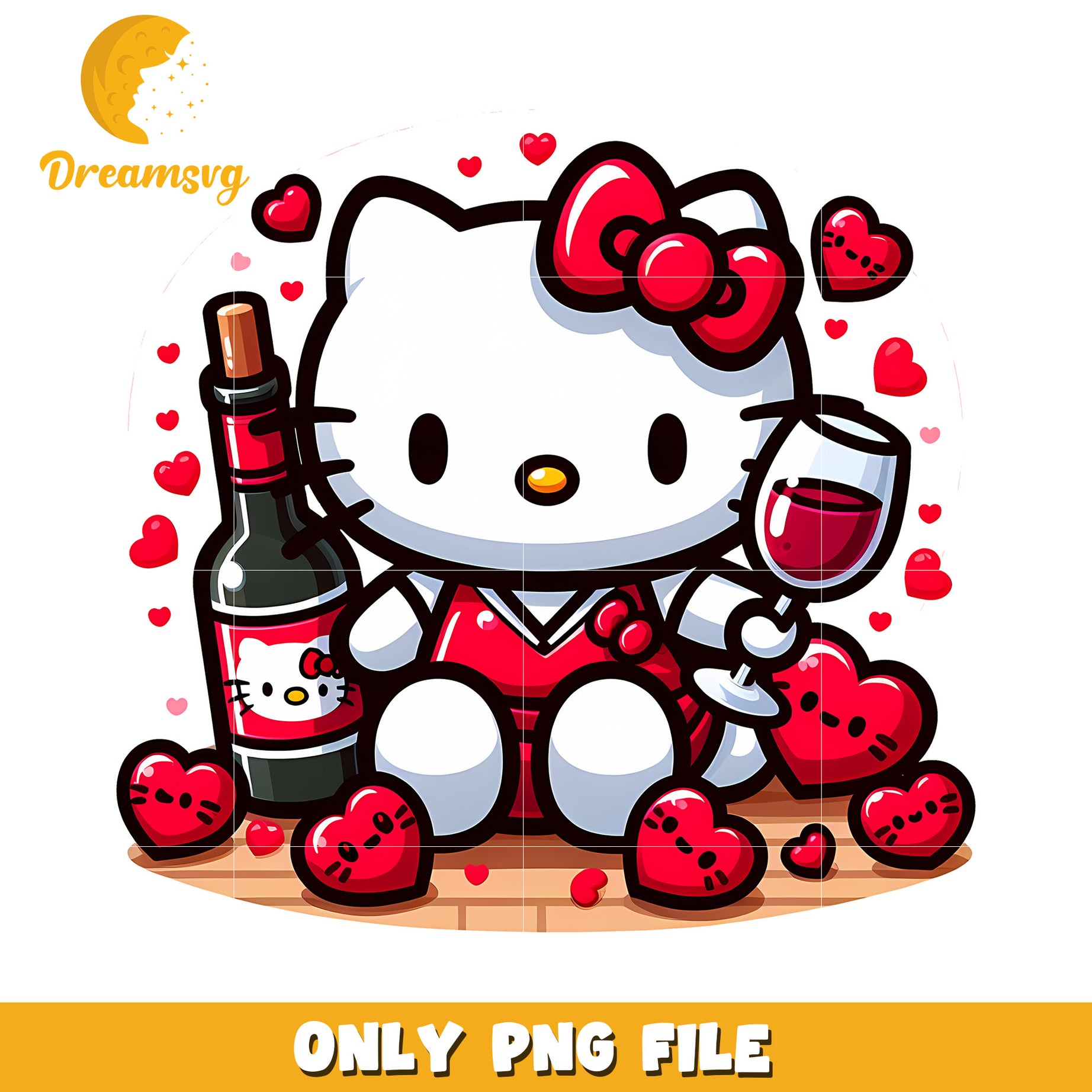 Cute Hello Kitty Valentine PNG with Wine and Hearts Design