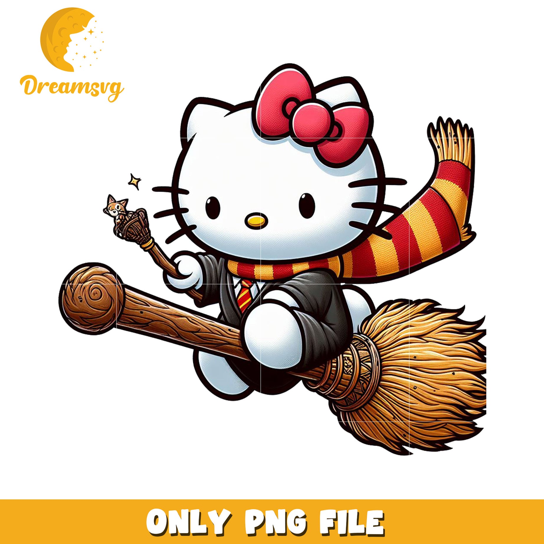 Cute Hello Kitty Witch Flying on a Broom PNG Format File