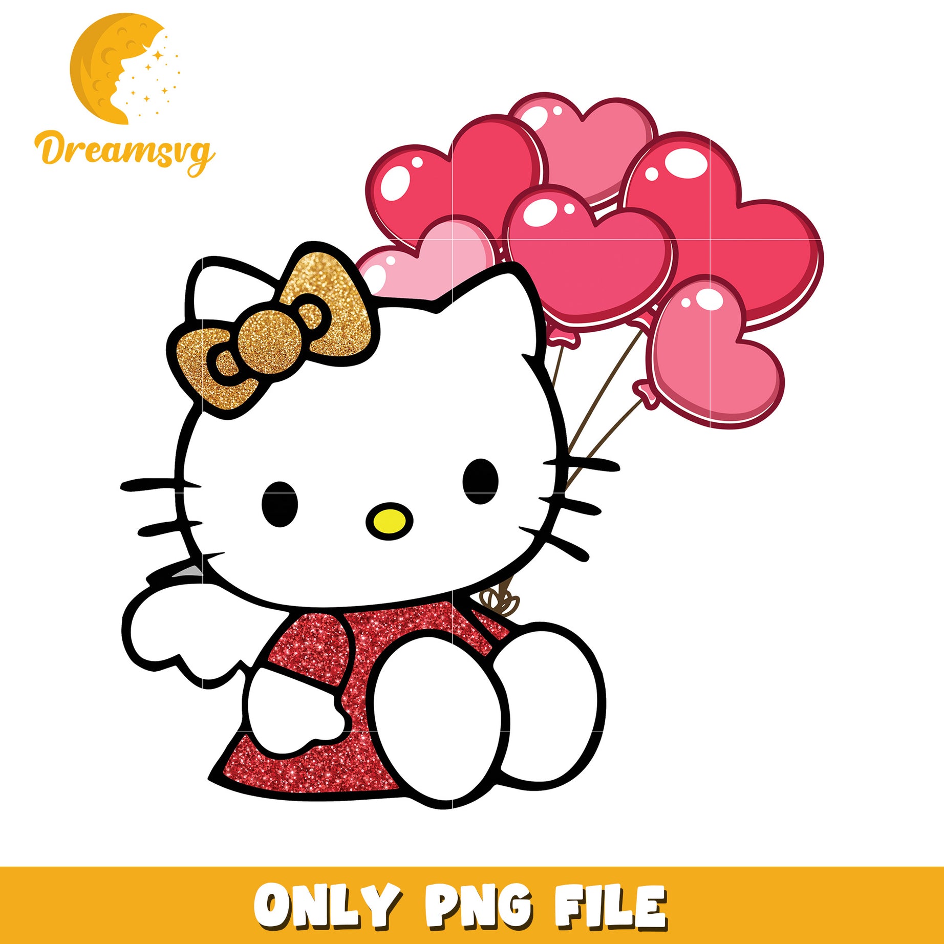 Cute Hello Kitty with Heart Balloons PNG File Download