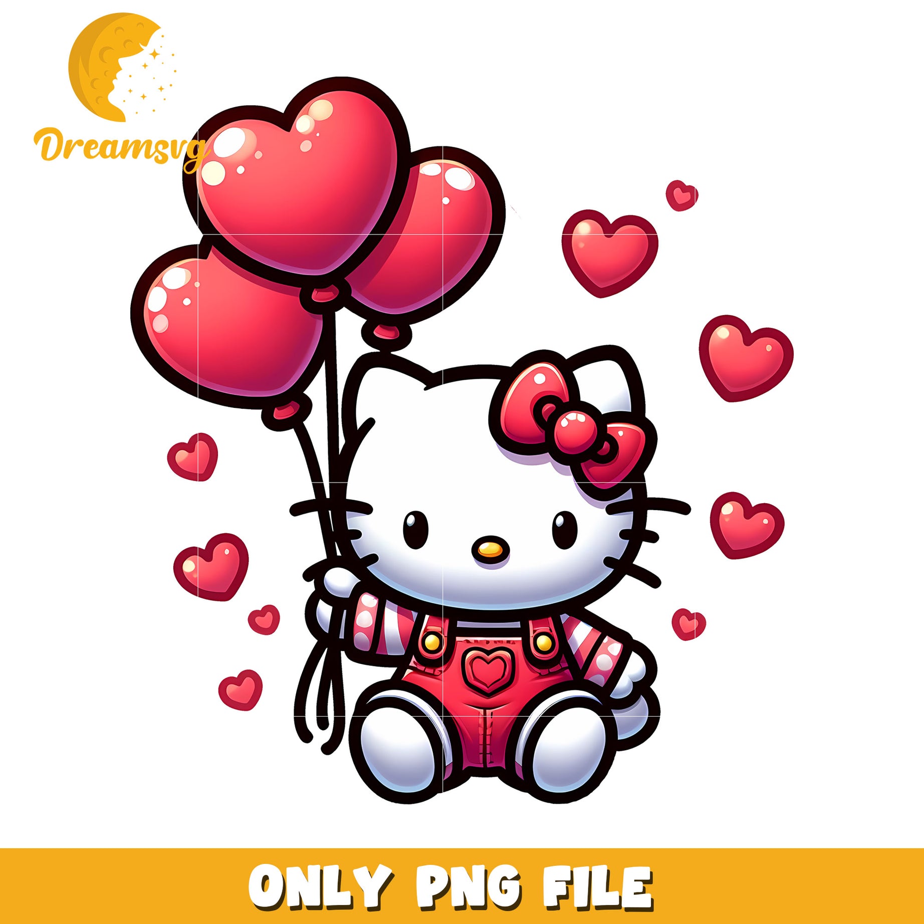 Cute Hello Kitty with Heart Balloons PNG File Downloadable Art