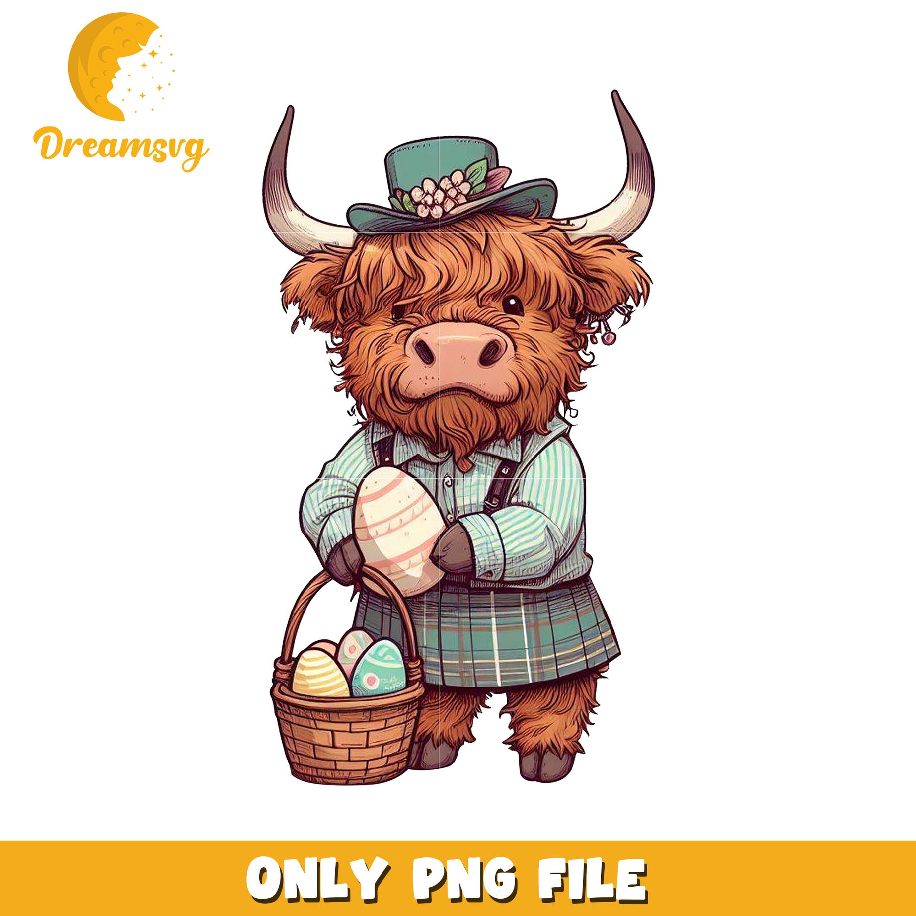 Cute Highland Cow Character with Easter Eggs PNG File