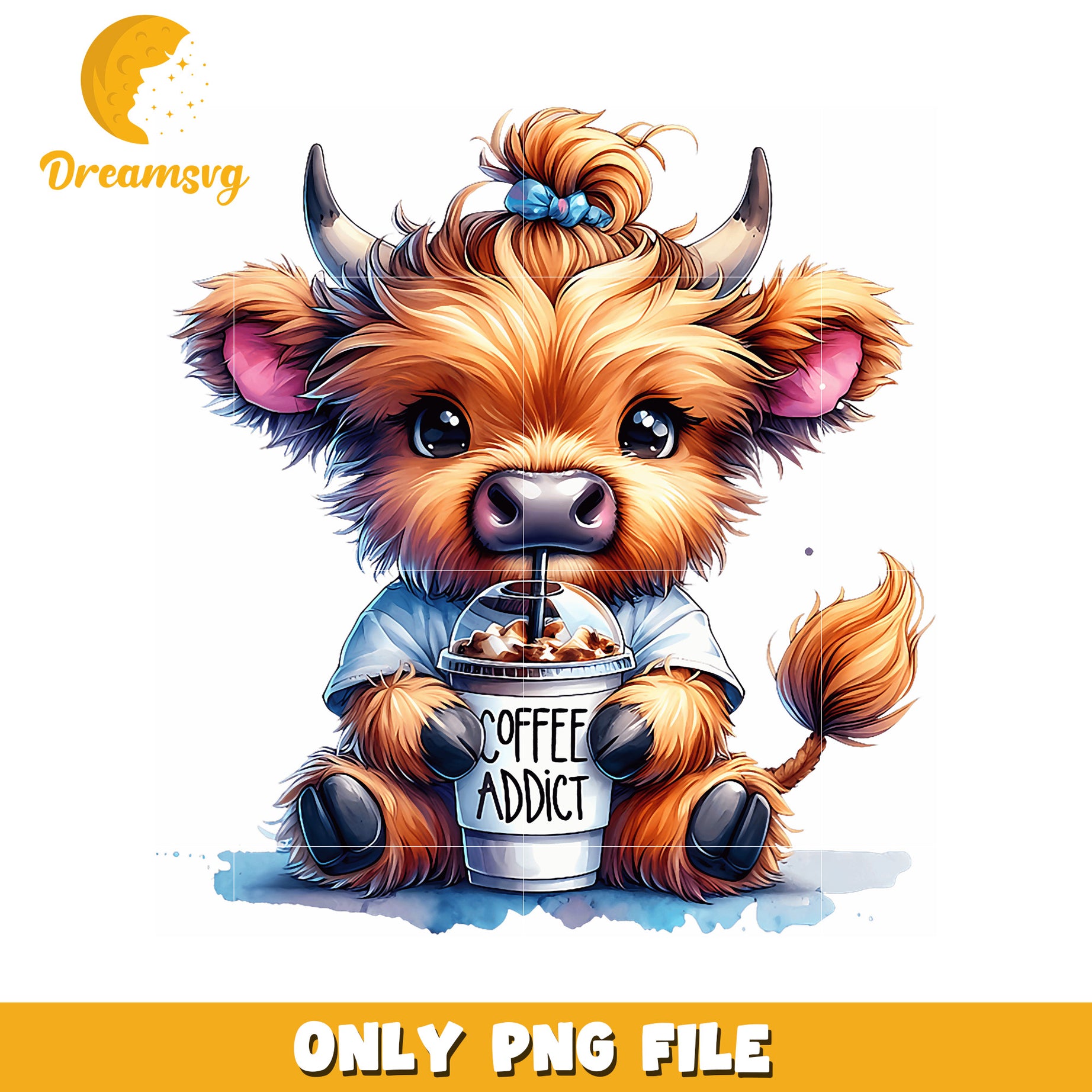 Cute Highland Cow Coffee Addict PNG