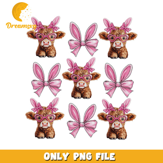 Cute Highland Cow PNG Pink Bow & Glasses