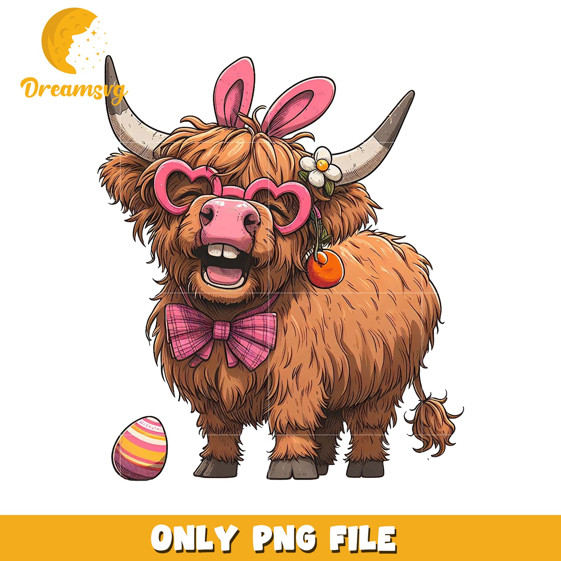 Cute Highland Cow PNG with Bunny Ears and Sunglasses