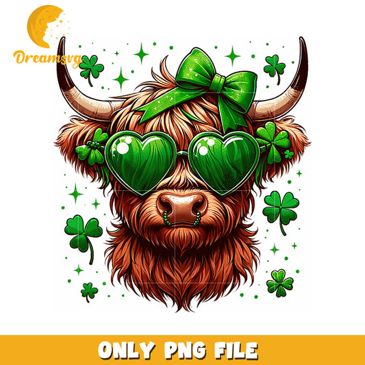 Cute Highland Cow PNG with Heart Sunglasses and Clover