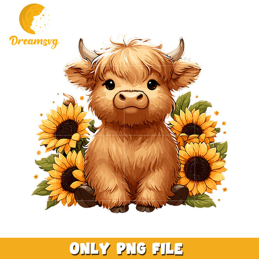 Cute Highland Cow Sunflower PNG