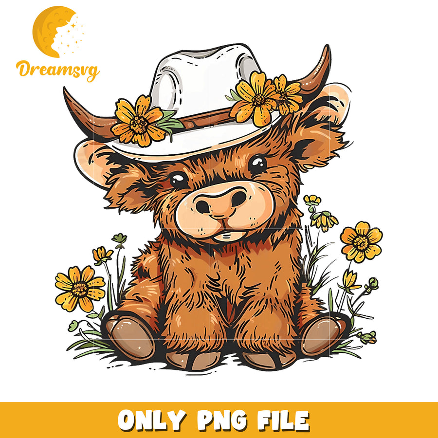 Cute Highland Cow in Hat PNG