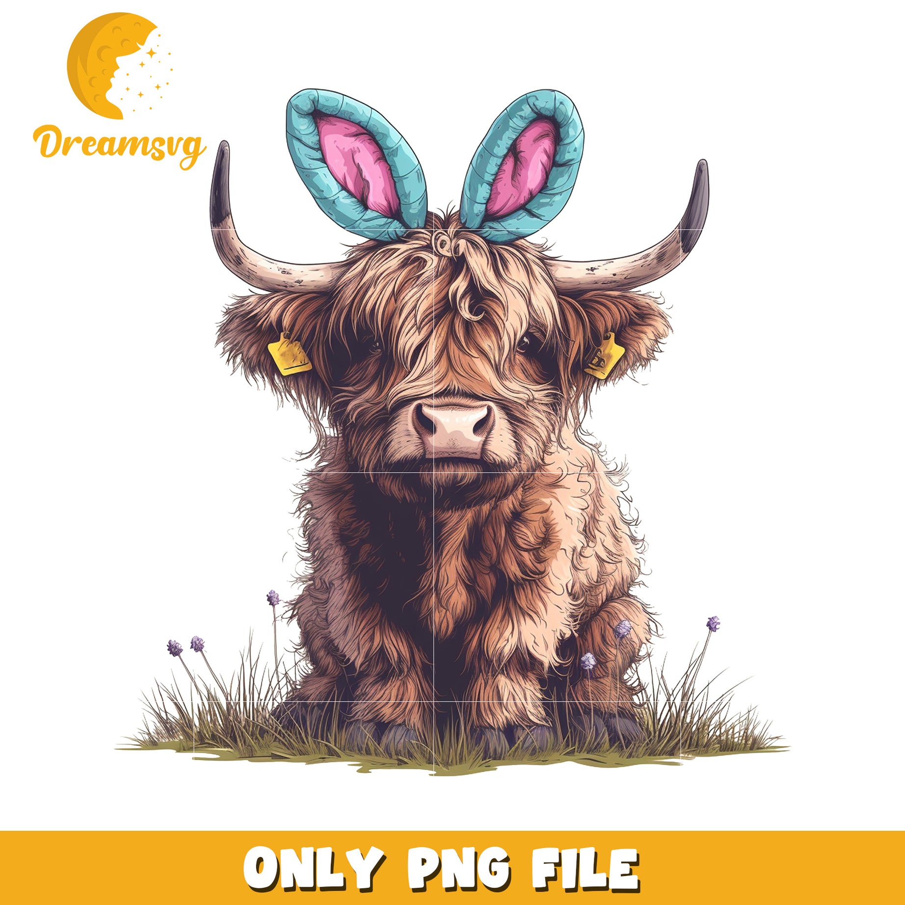 Cute Highland Cow with Bunny Ears PNG Digital Art File