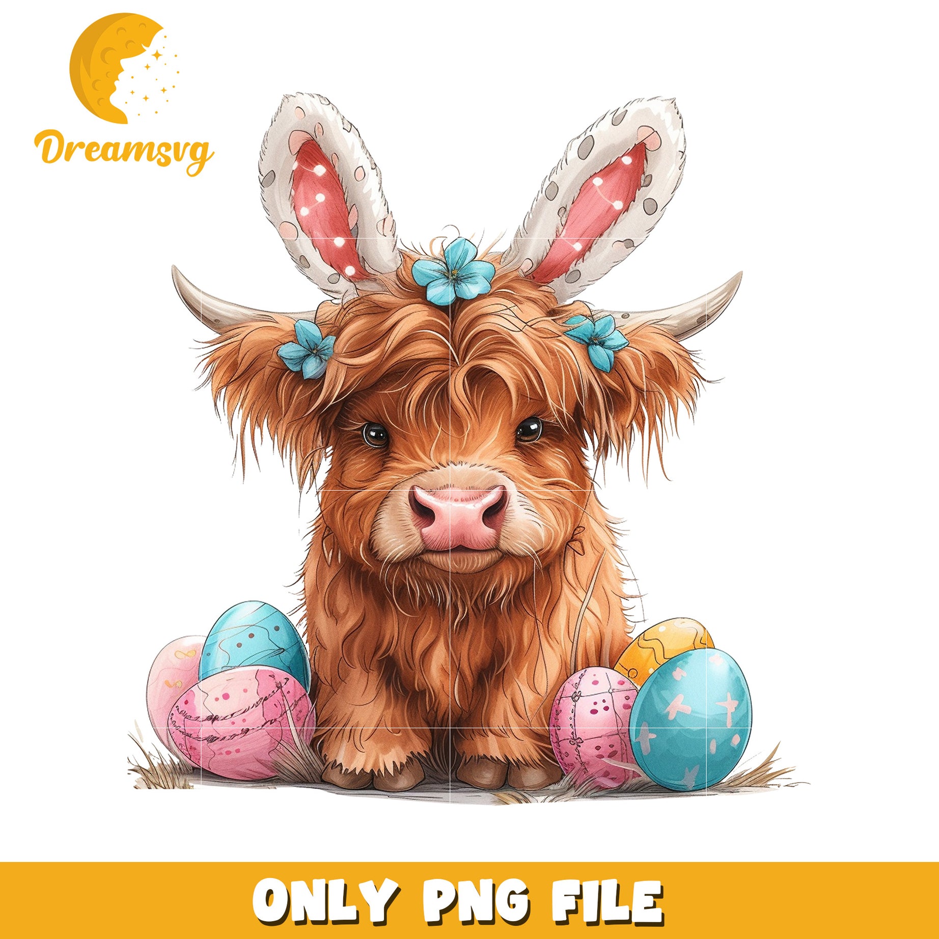 Cute Highland Cow with Bunny Ears and Easter Eggs PNG