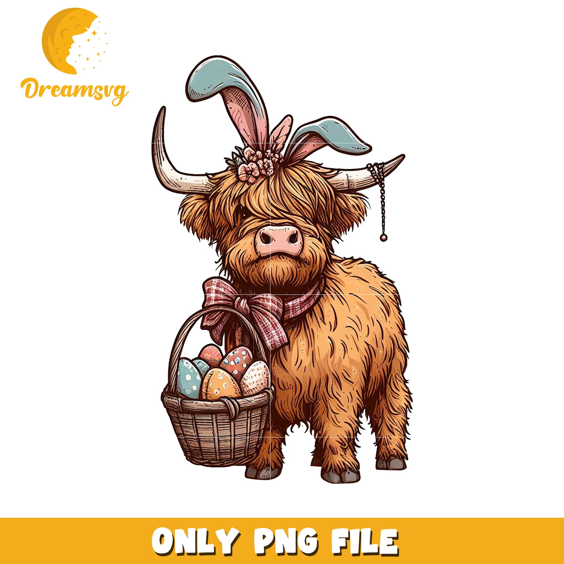 Cute Highland Cow with Easter Basket PNG File Download