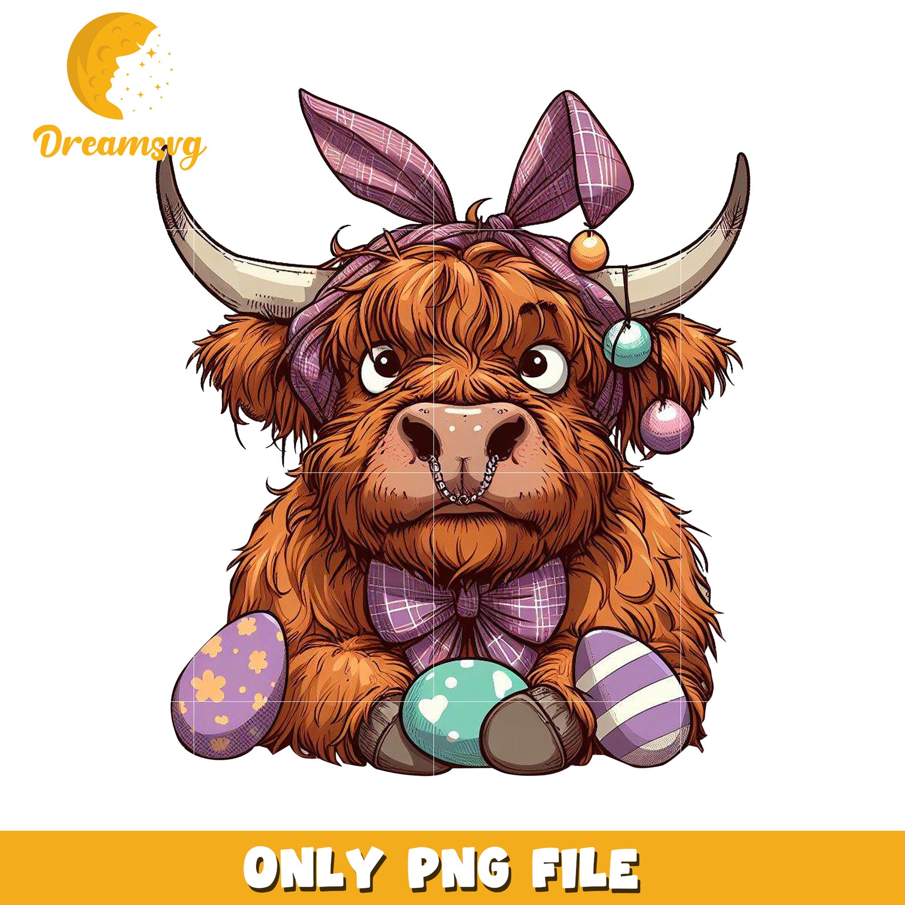 Cute Highland Cow with Easter Eggs PNG Downloadable File