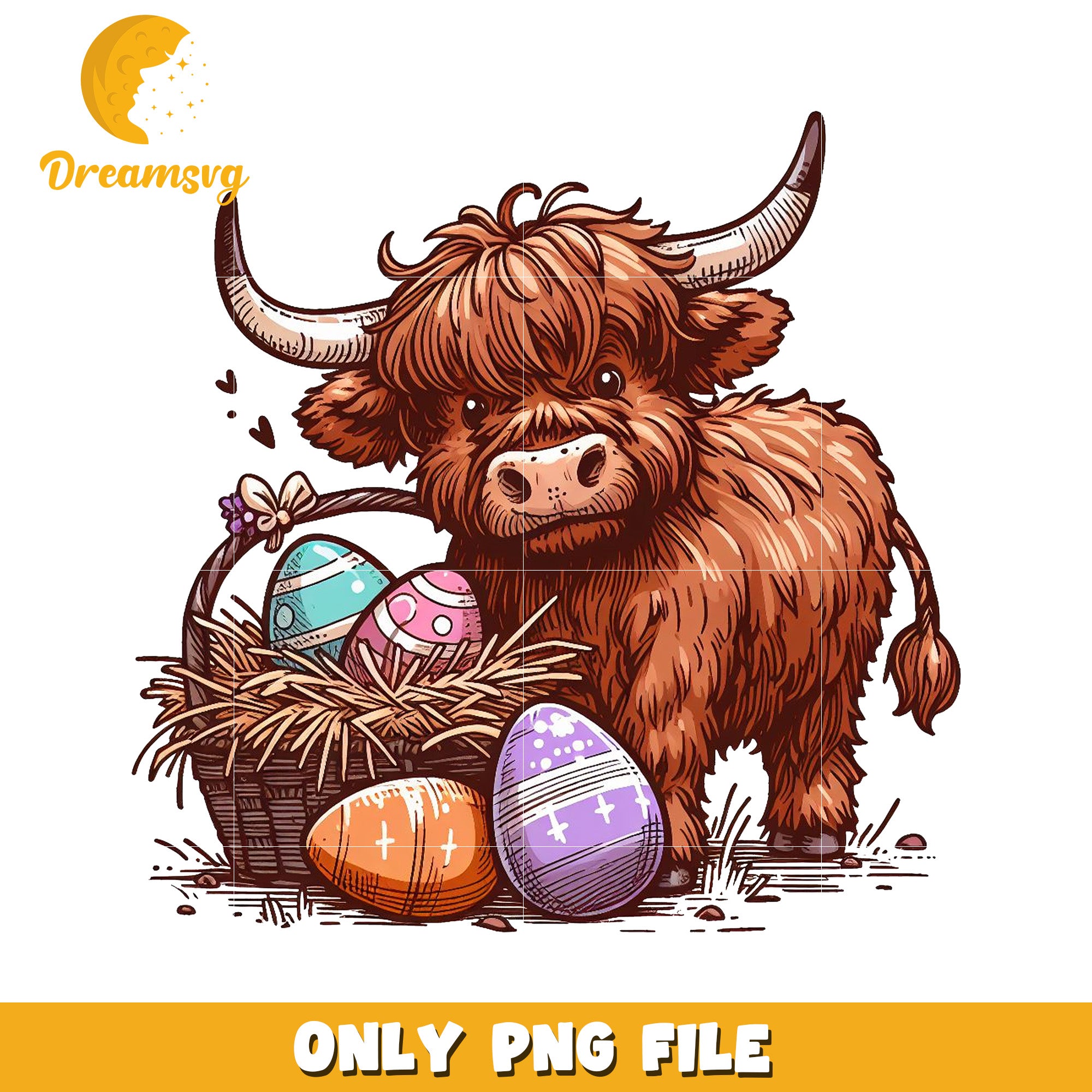 Cute Highland Cow with Easter Eggs PNG File Download