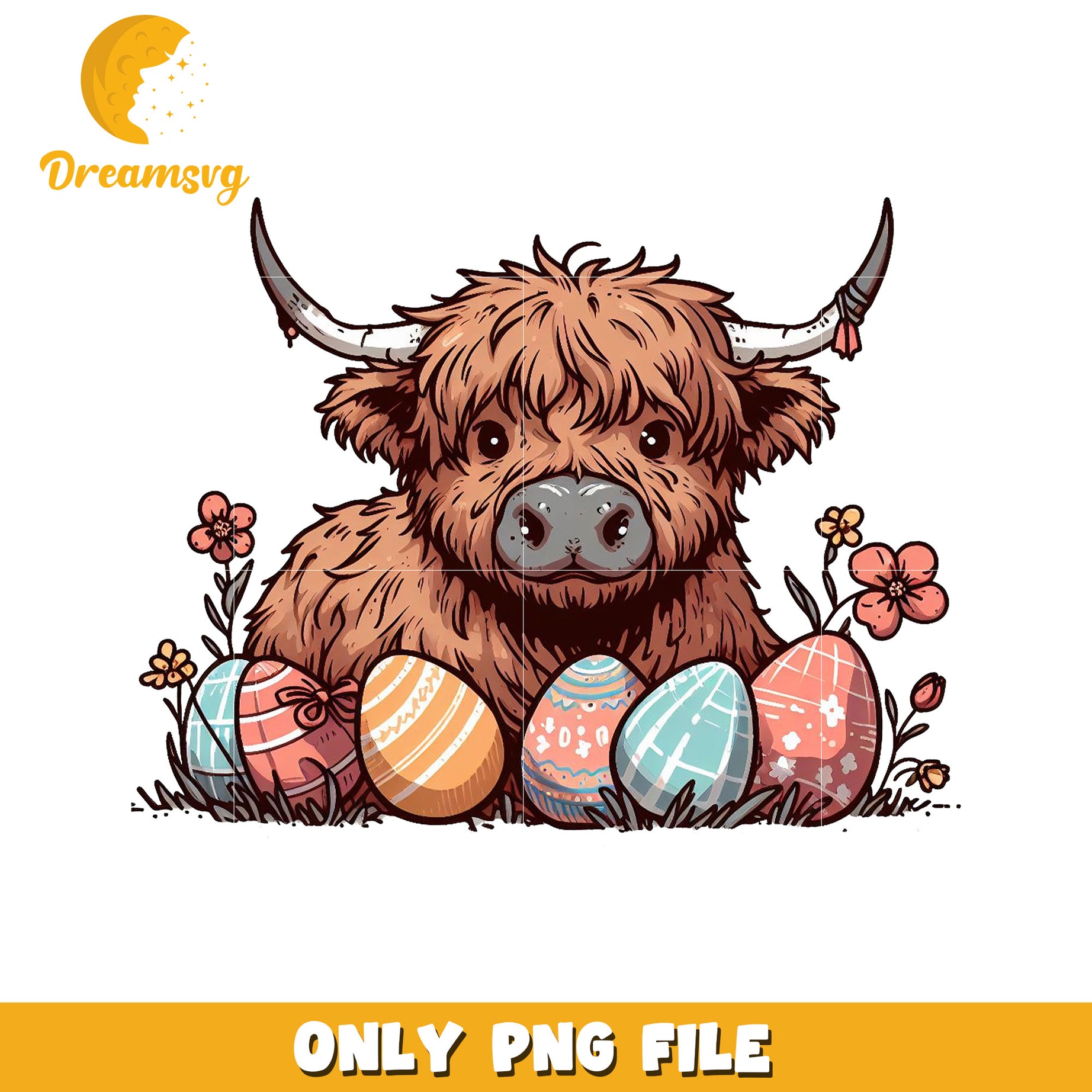 Cute Highland Cow with Easter Eggs PNG Image Download