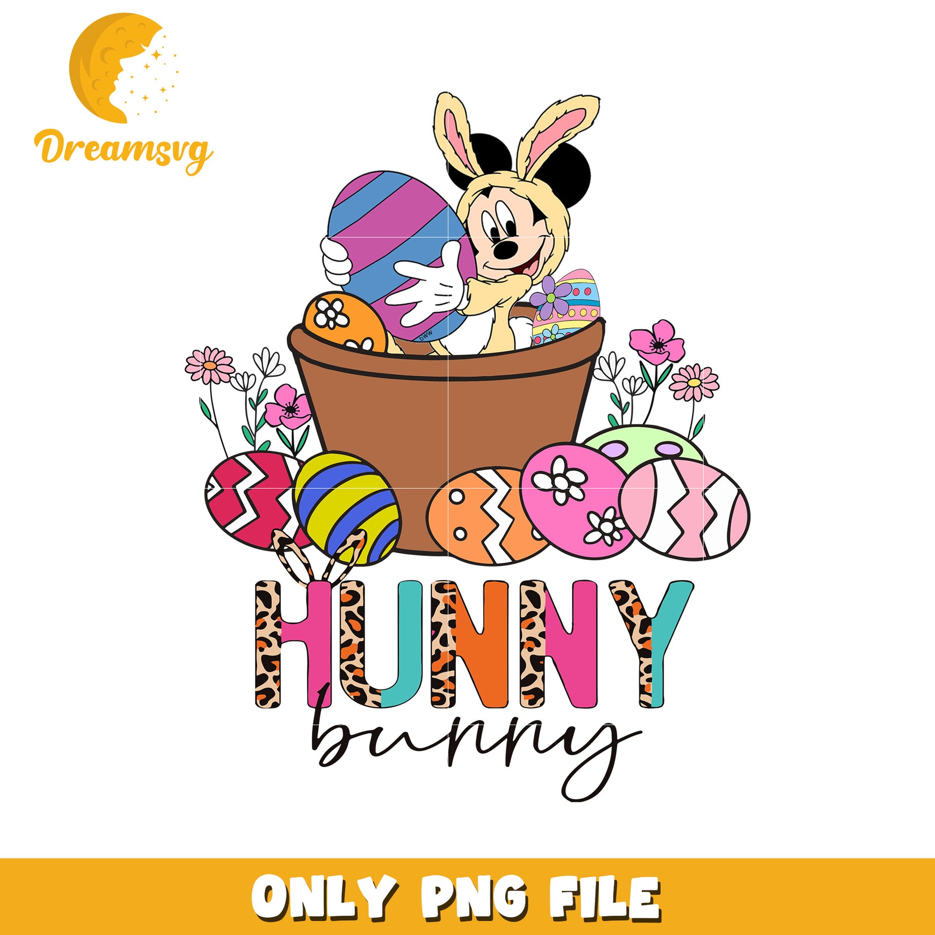 Cute Hunny Bunny Easter Design with Colorful Eggs PNG