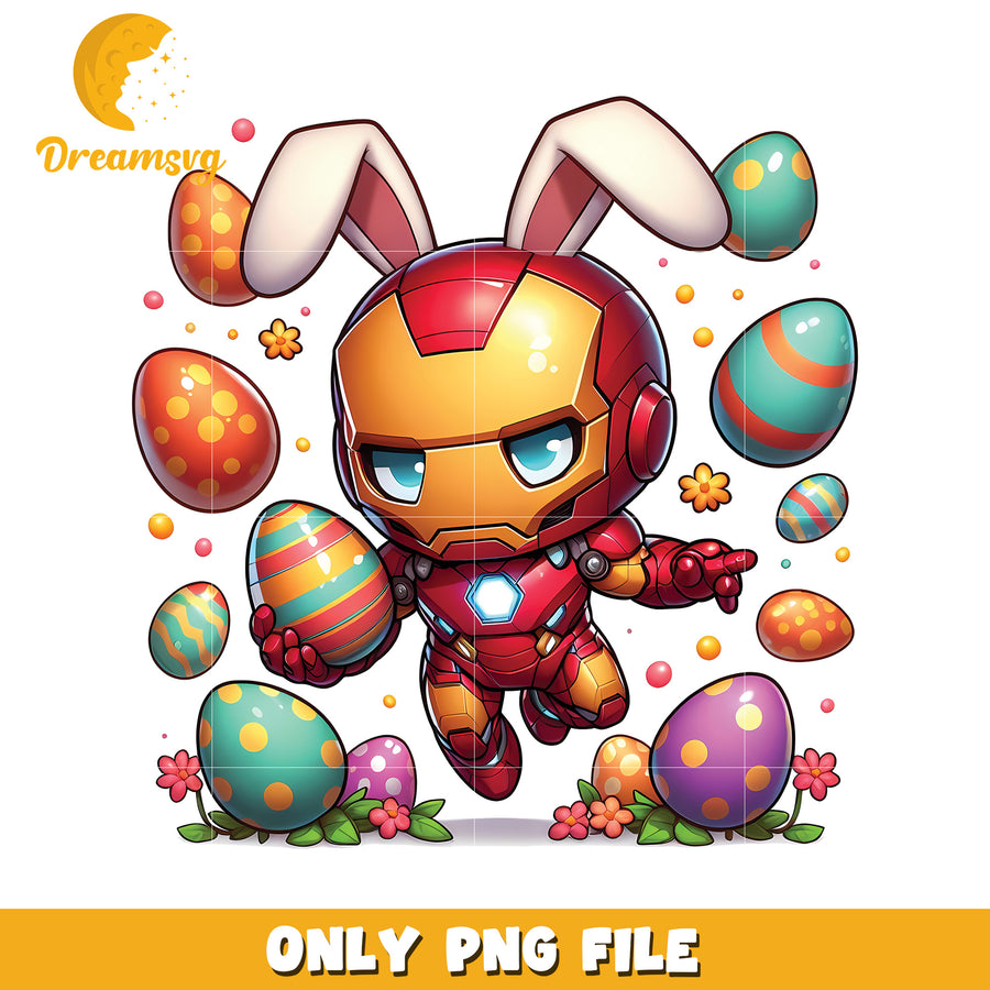 Cute Iron Bunny Superhero with Easter Eggs PNG Art