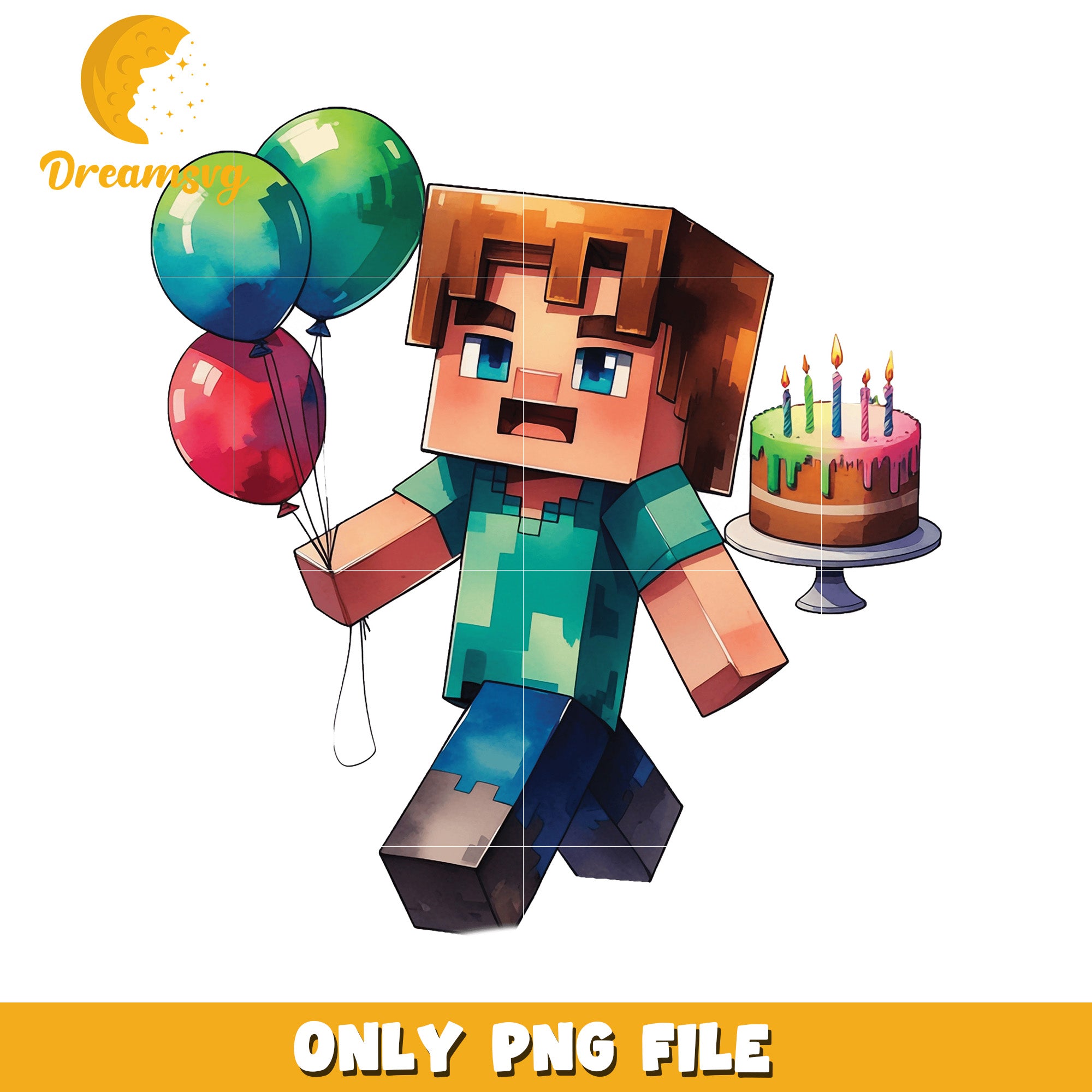 Cute Minecraft Character with Balloons and Cake, PNG Download