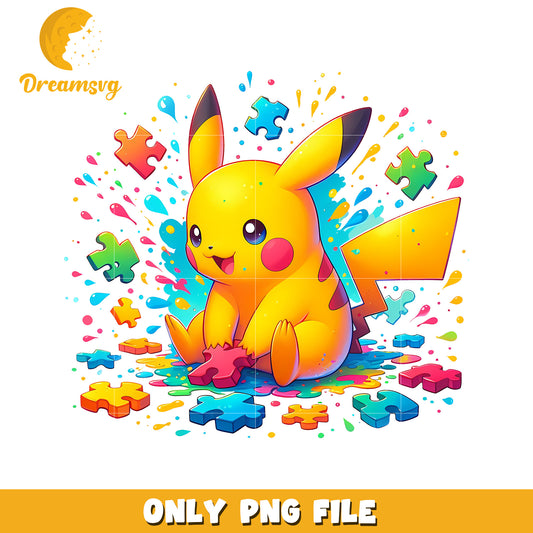 Cute Pikachu Playing with Colorful Puzzle Pieces PNG
