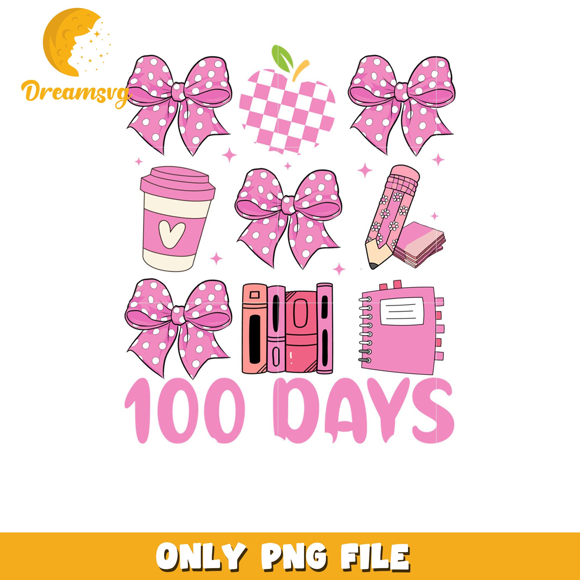 Cute Pink 100 Days Design with Bows and Study Elements PNG