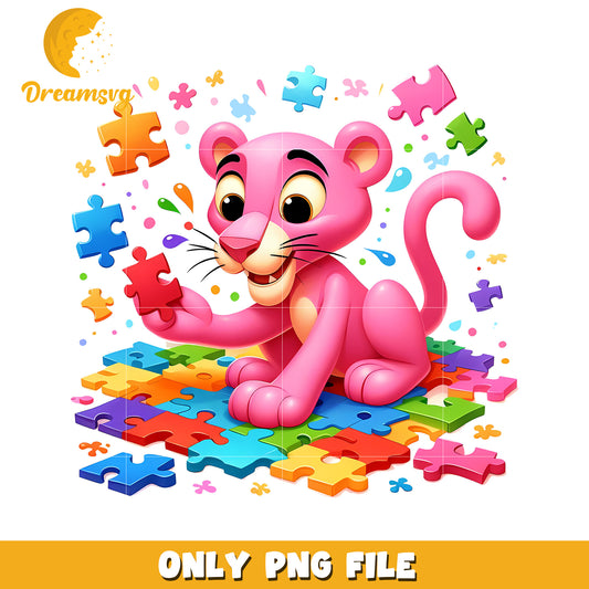 Cute Pink Lion Playing with Colorful Puzzle Pieces PNG