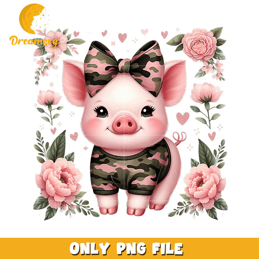 Cute Pink Pig PNG Floral Camo Outfit