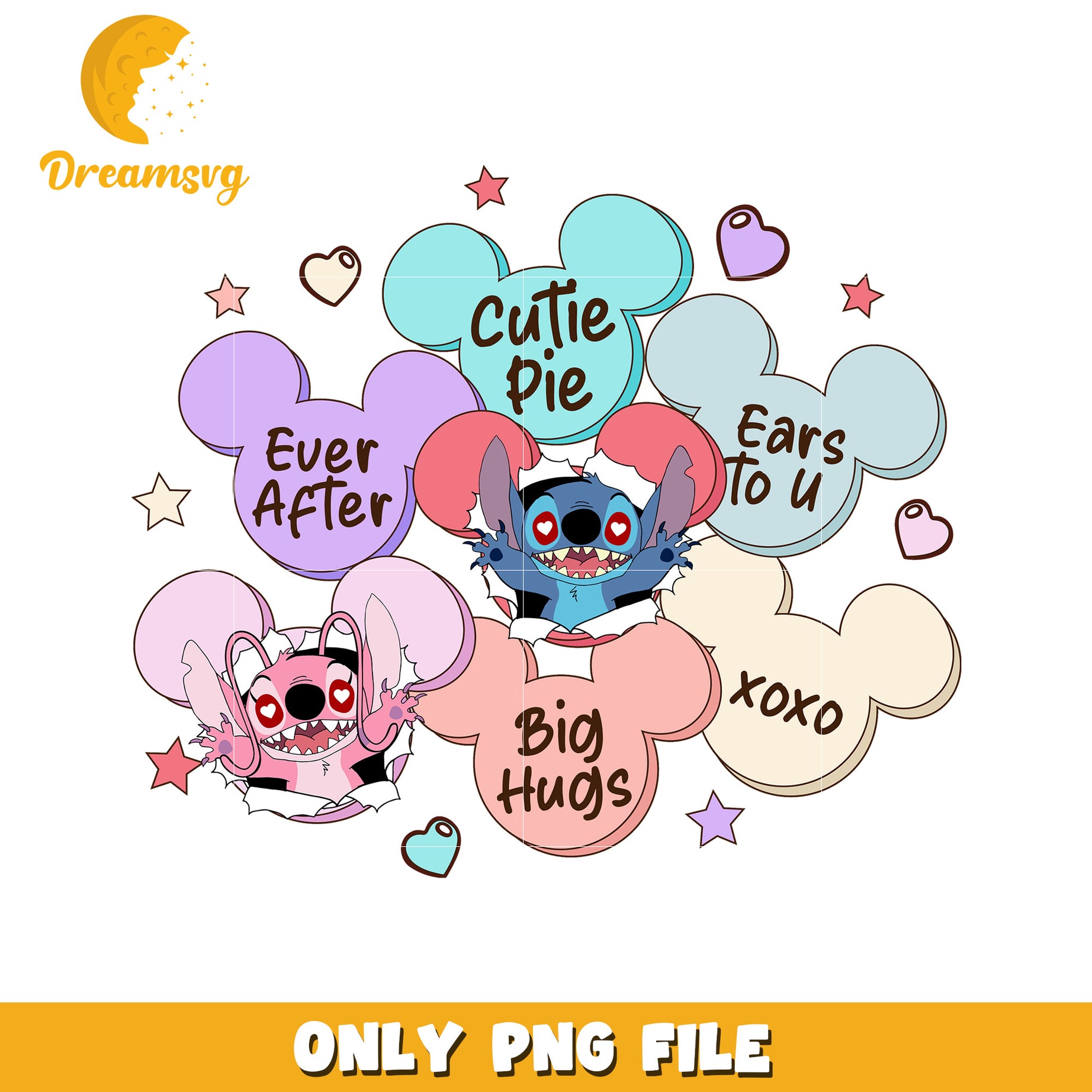 Cute Stitch PNG File with Love Notes and Hearts Design