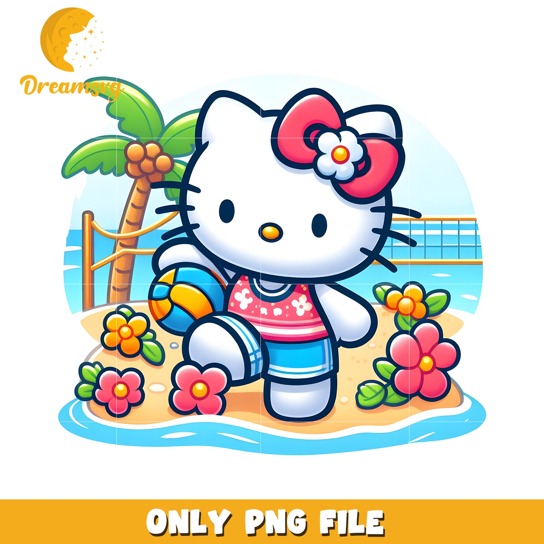 Cute Summer Hello Kitty PNG File with Beach and Flowers Design