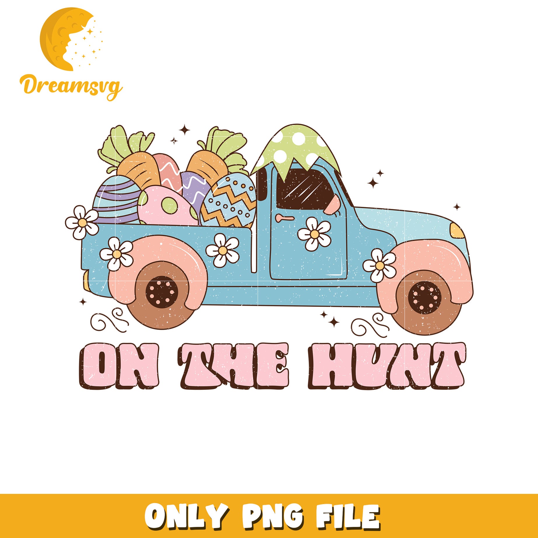 Cute Vintage Truck with Easter Eggs and Carrots PNG Art