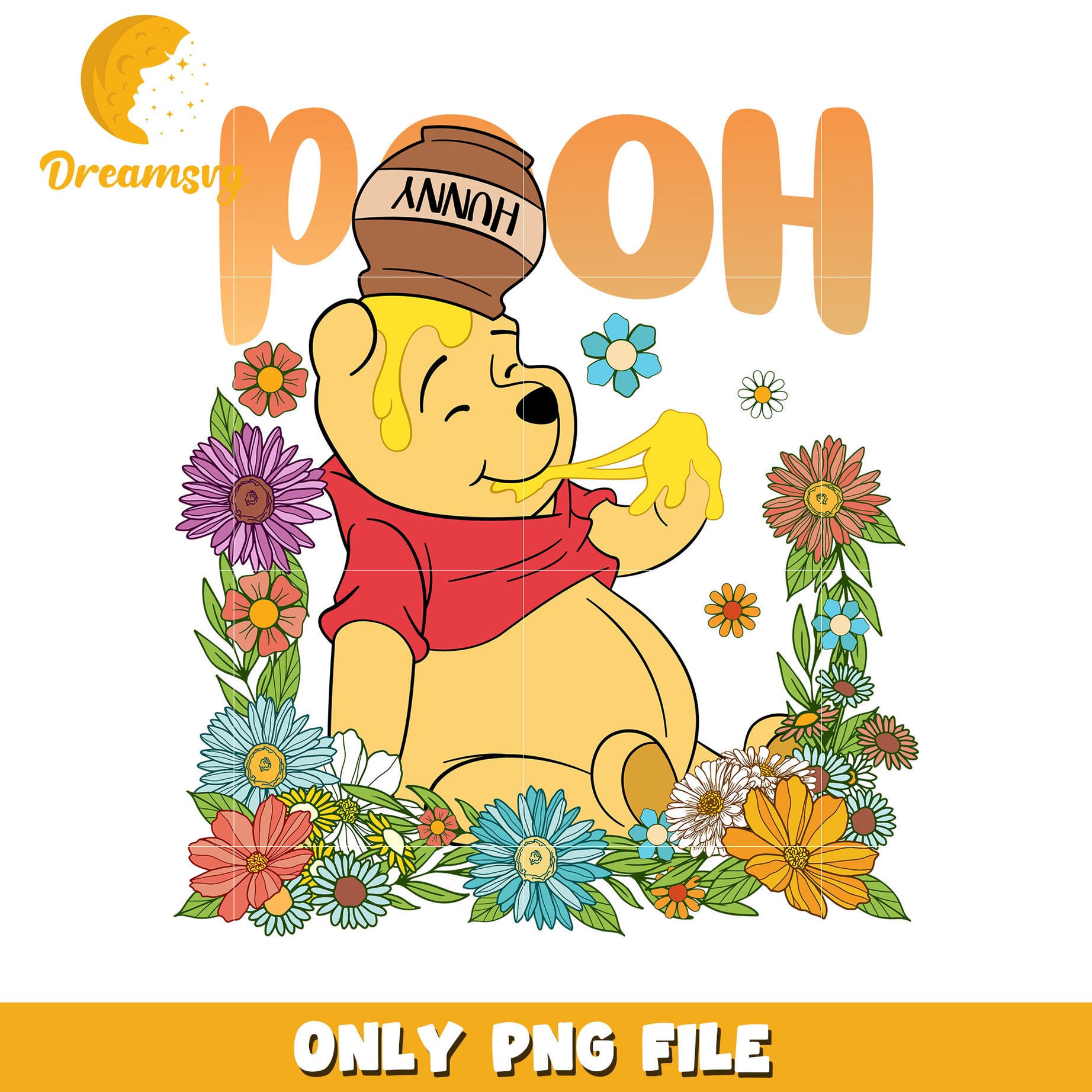 Cute Winnie the Pooh Enjoying Honey with Flowers PNG
