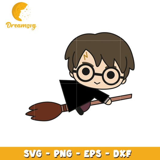 Cute Wizard Character Flying on Broom SVG Clipart File