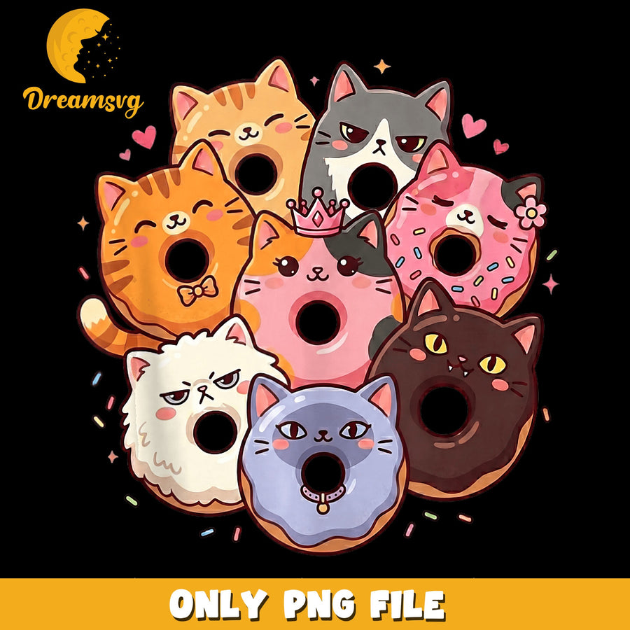Cute Cat Donut Bundle PNG, Kawaii Kitty Doughnut Clipart, Cat PNG