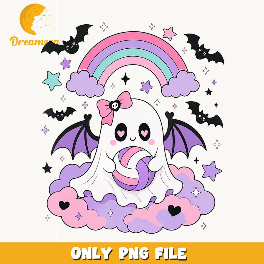 Cute Ghost With Bat Wings Rainbow Halloween PNG, Spooky Kawaii, PNG