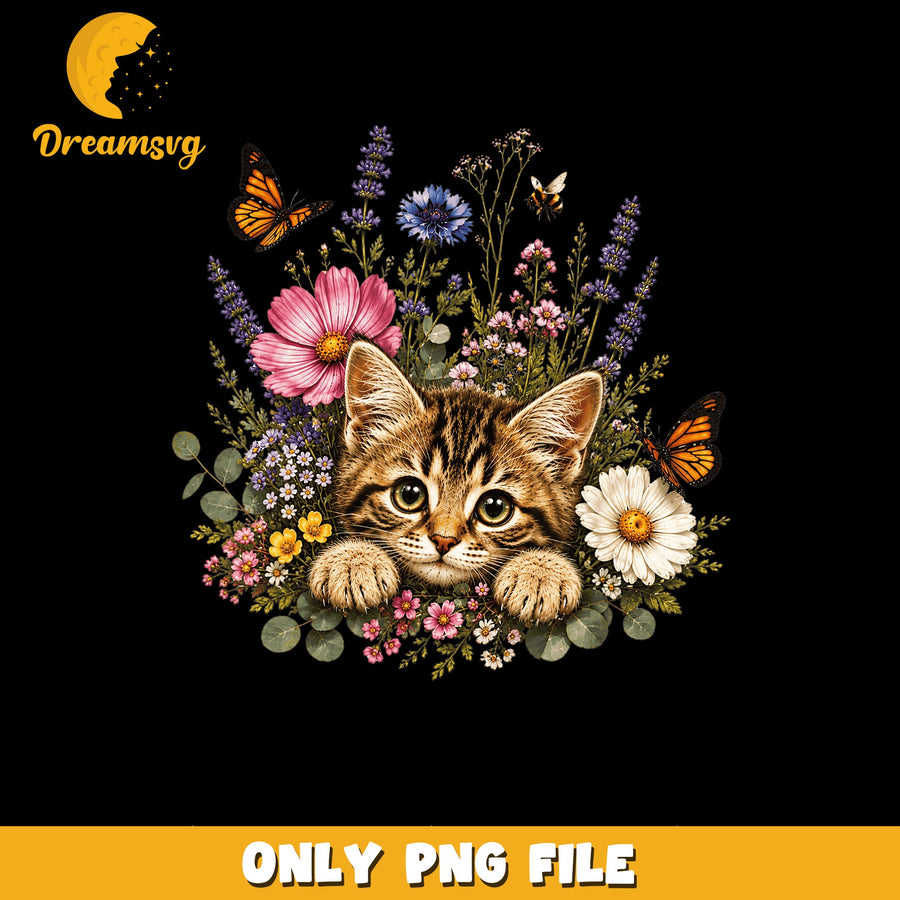 Cute Kitten PNG, Floral Arrangement, Animal Art PNG