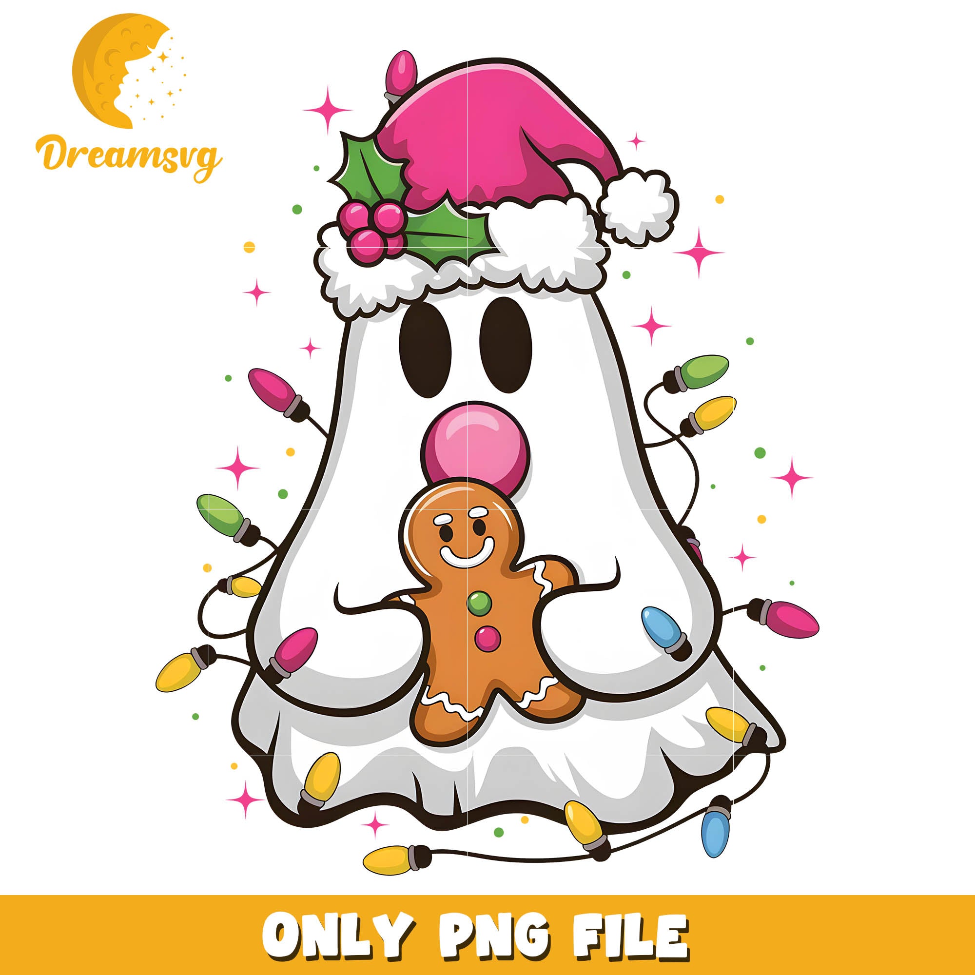 Cute ghost hold cookie christmas png, pink christmas hat png