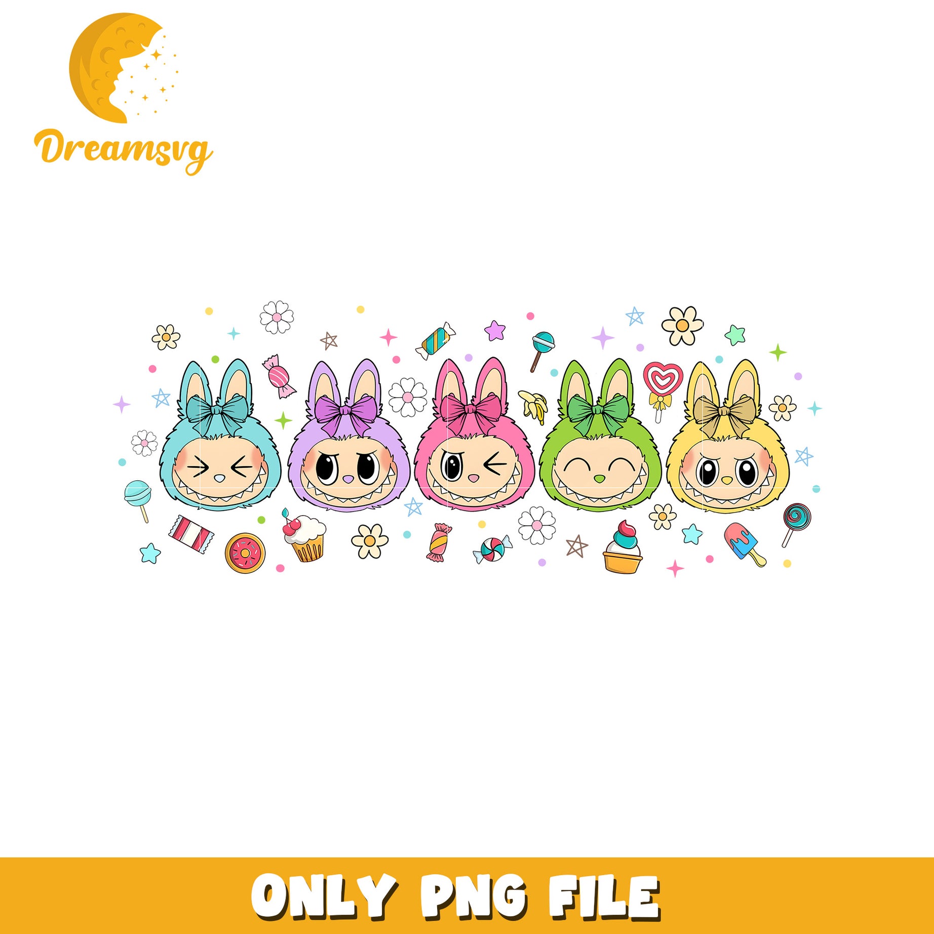 Cute and funny five labubu  characters  png, popmart usa png, labubu keychain​ png
