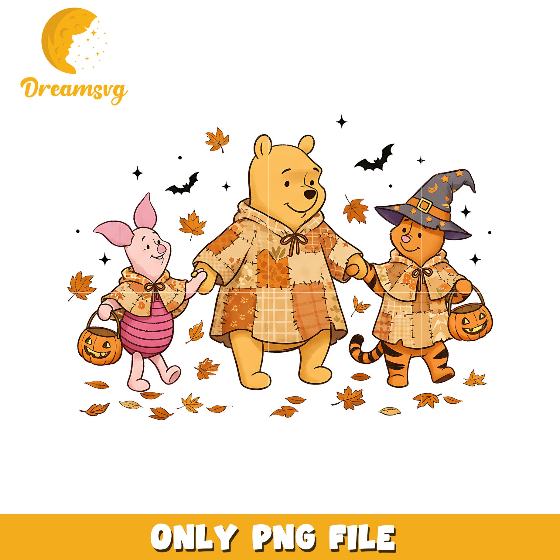 Cute and funny pooh and friends design png, trick or treat  png, halloween pumpkin png