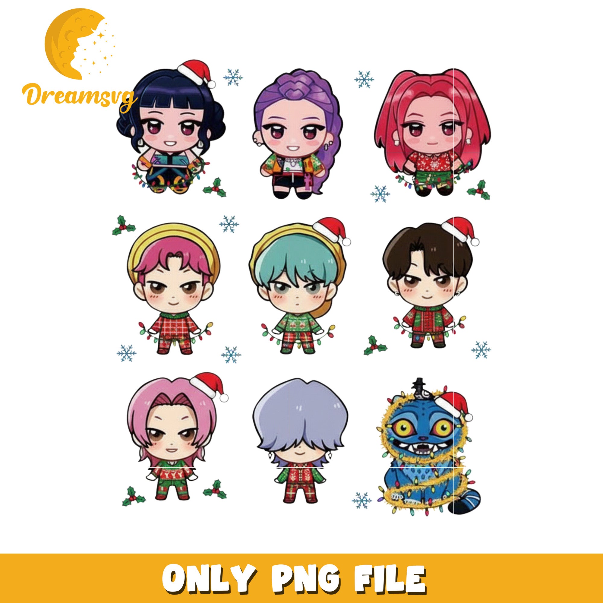 Cute characters kpop png, christmas huntrix​​ png, spirit christmas png